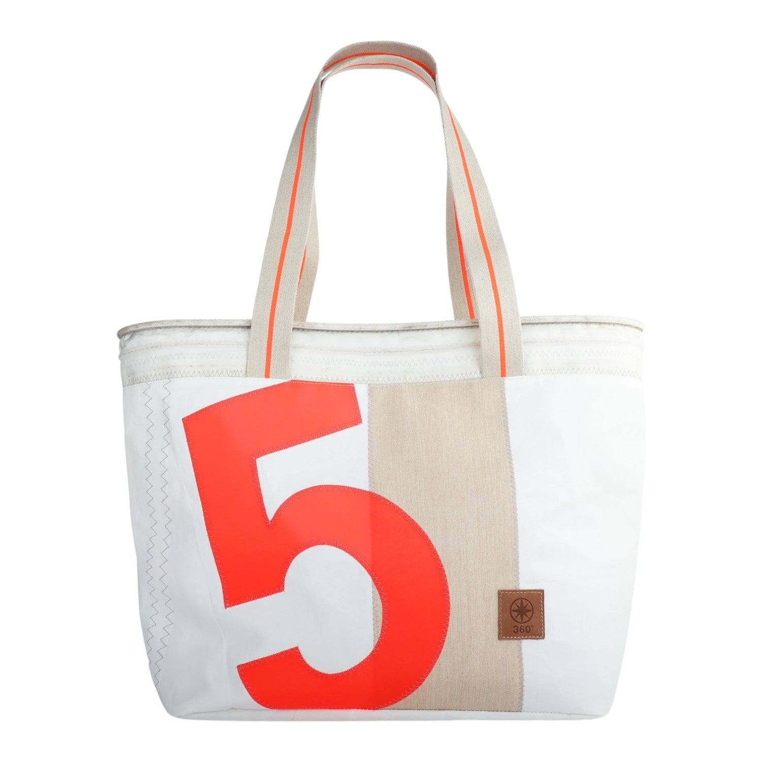 Lieblingstasche white tote bag with large orange number 5, beige panel, and orange striped handles.