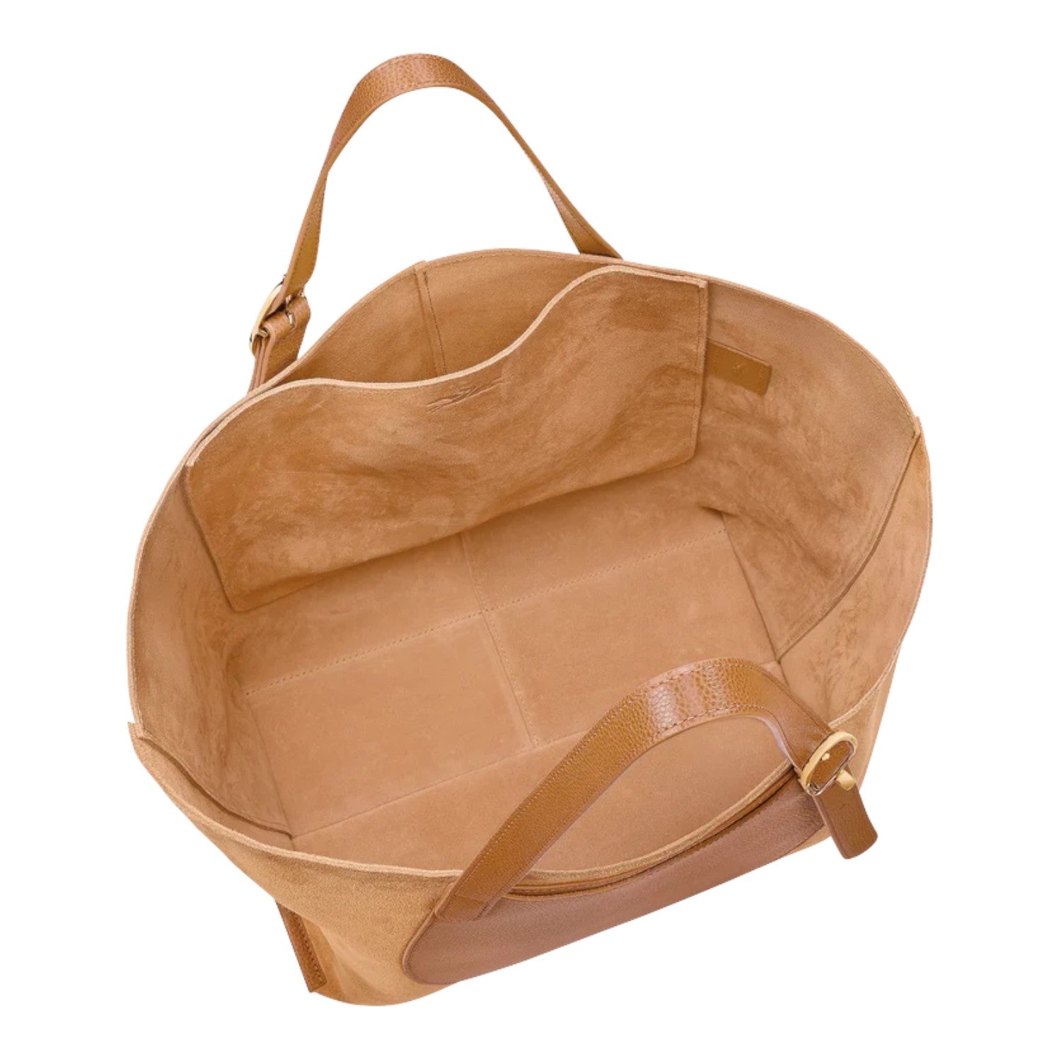 Lieblingstasche XL tan suede and leather tote bag with adjustable strap and interior pocket.