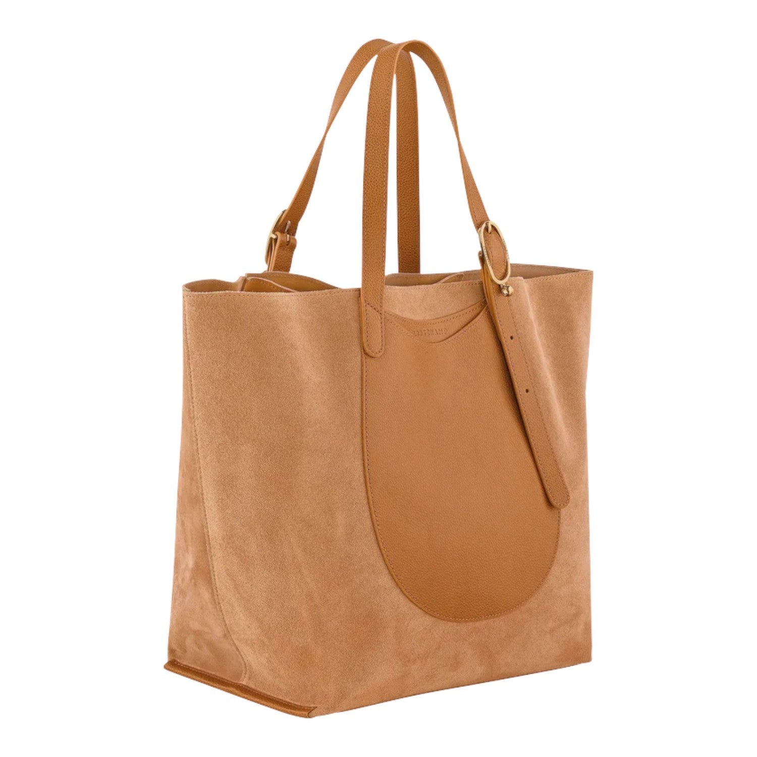 Lieblingstasche XL tote bag in tan suede and leather with adjustable straps and gold hardware.