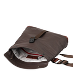 Lieblingstasche Yao brown messenger bag with a buckle closure and patterned interior lining on a white background