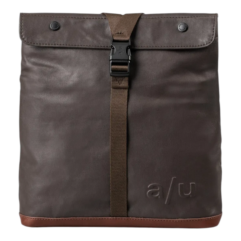 Lieblingstasche Yao dark brown roll-top backpack with a central buckle strap and embossed logo on a white background