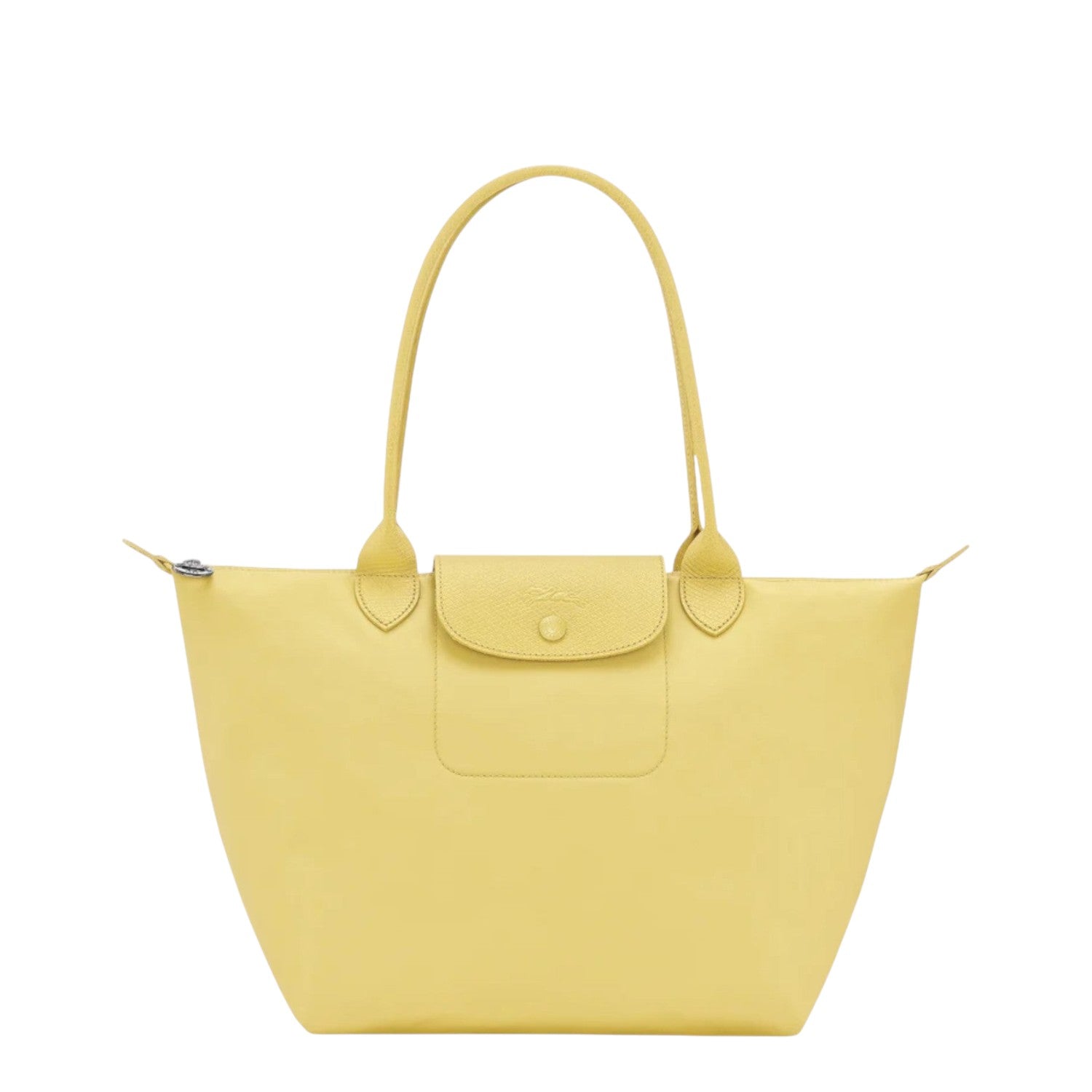 Lieblingstasche yellow leather tote bag with snap closure pocket and top handles.