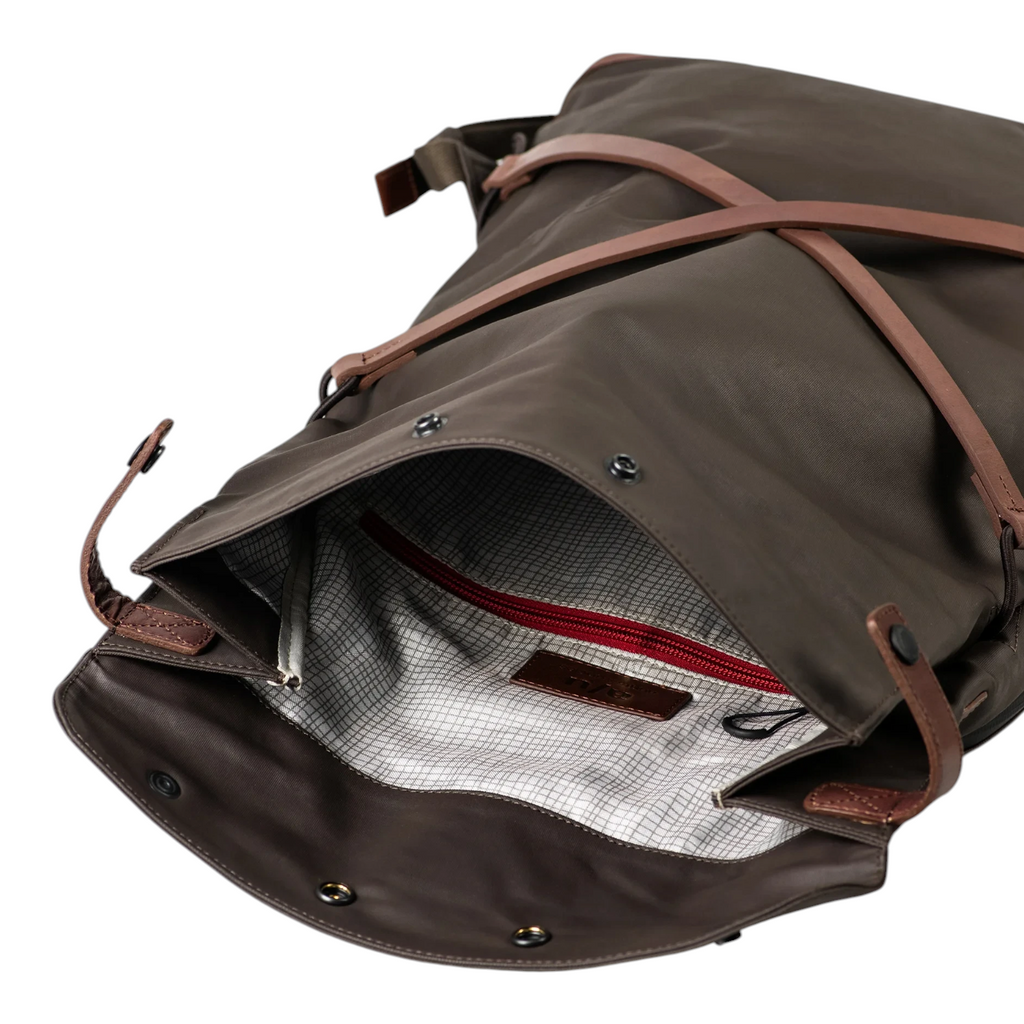 Lieblingstasche Yokohama brown nylon backpack with tan leather straps and a patterned interior lining