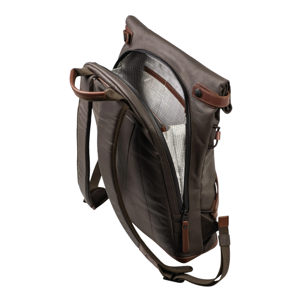 Lieblingstasche Yokohama dark brown rolltop backpack with a checkered interior lining and adjustable straps