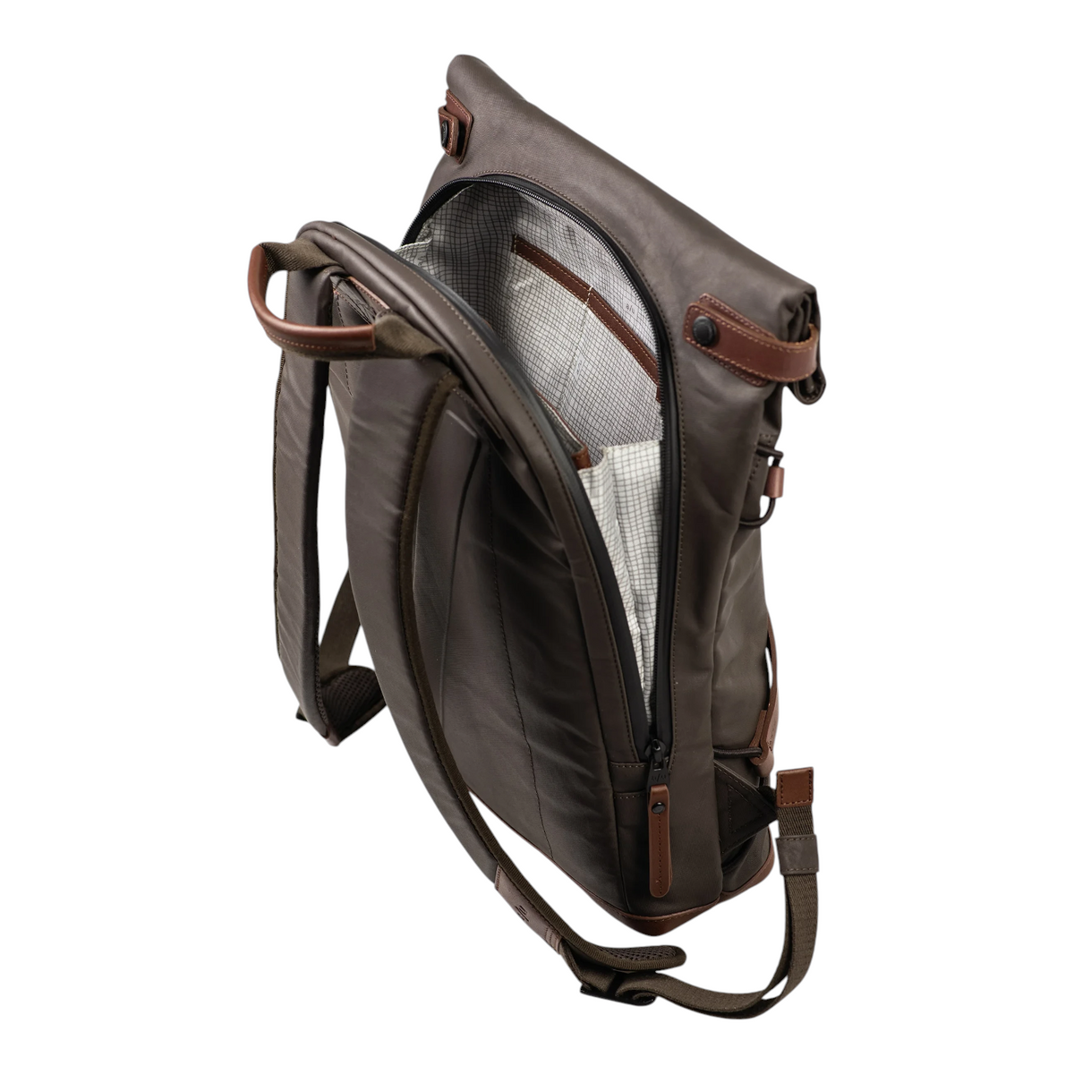 Lieblingstasche Yokohama dark brown rolltop backpack with a checkered interior lining and adjustable straps