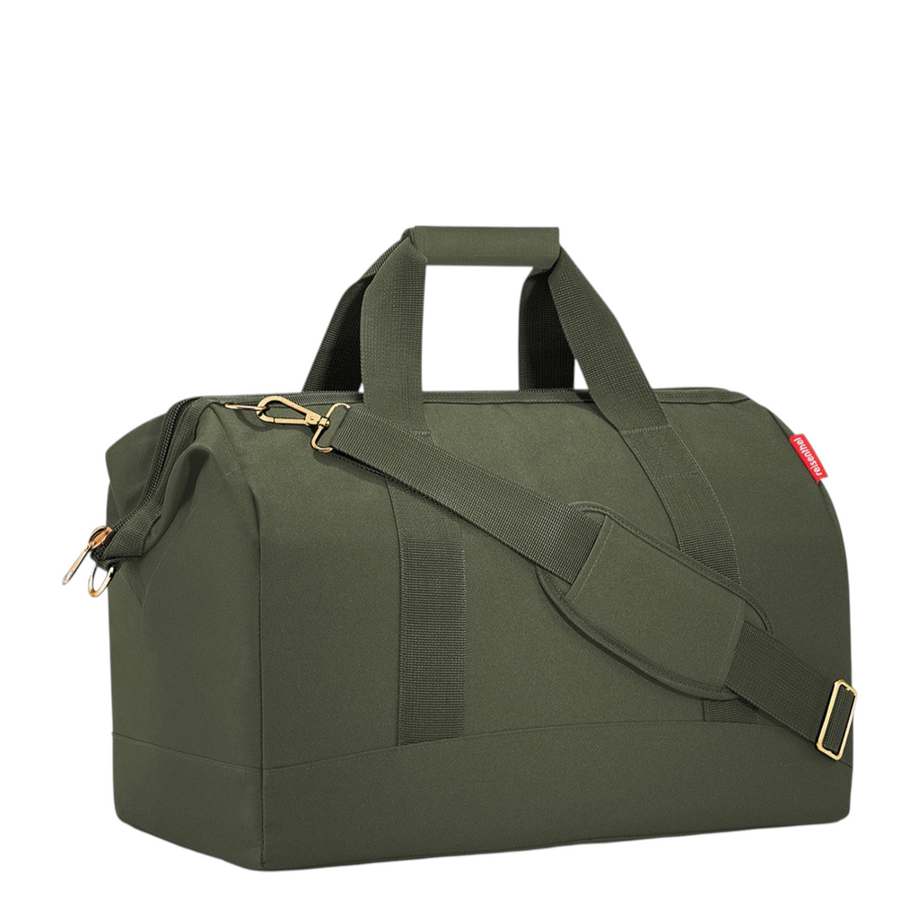 Lieblingstasche Allrounder L travel bag in olive green with sturdy handles, shoulder strap, and gold-tone hardware.