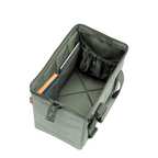 Lieblingstasche Allrounder M travel bag in olive green polyester with open interior, side pockets, and metal frame.