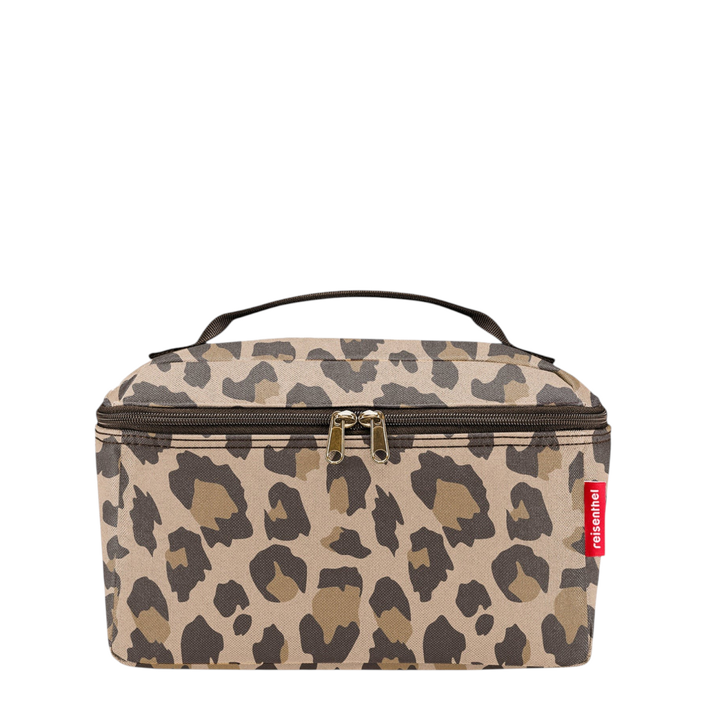 Lieblingstasche leopard print beauty case with a top handle, zip closure, and spacious padded interior.