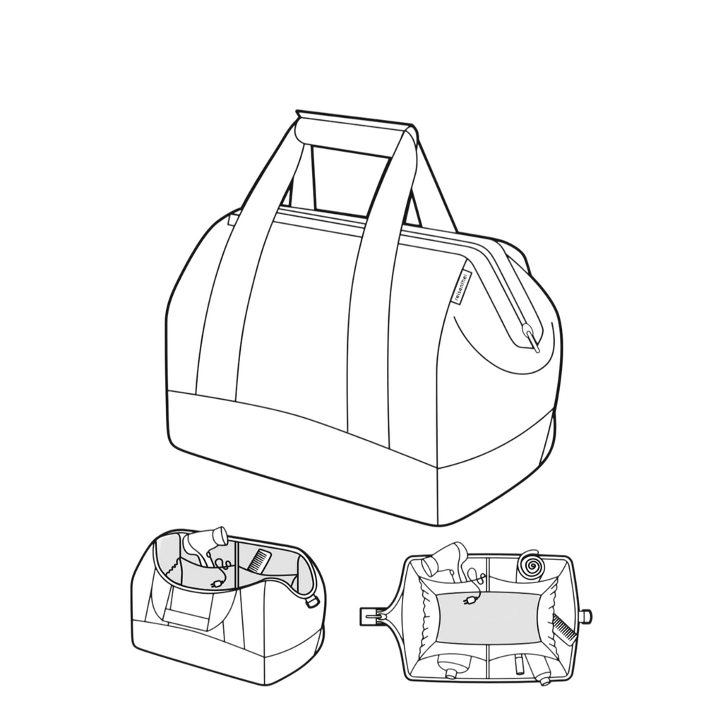 Lieblingstasche Allrounder M travel bag with internal compartments, padded shoulder strap, and metal frame closure.