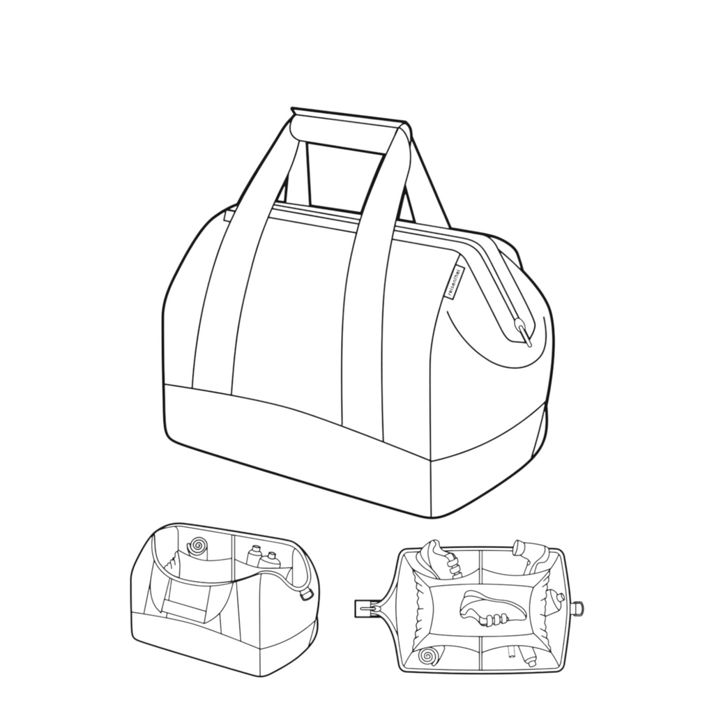 Lieblingstasche Allrounder L travel bag with internal compartments and padded shoulder strap in a line art sketch.