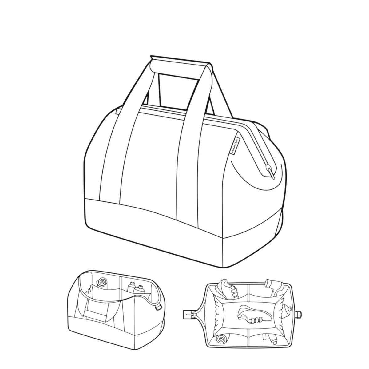 Lieblingstasche Allrounder L travel bag with internal compartments and padded shoulder strap in a line art sketch.