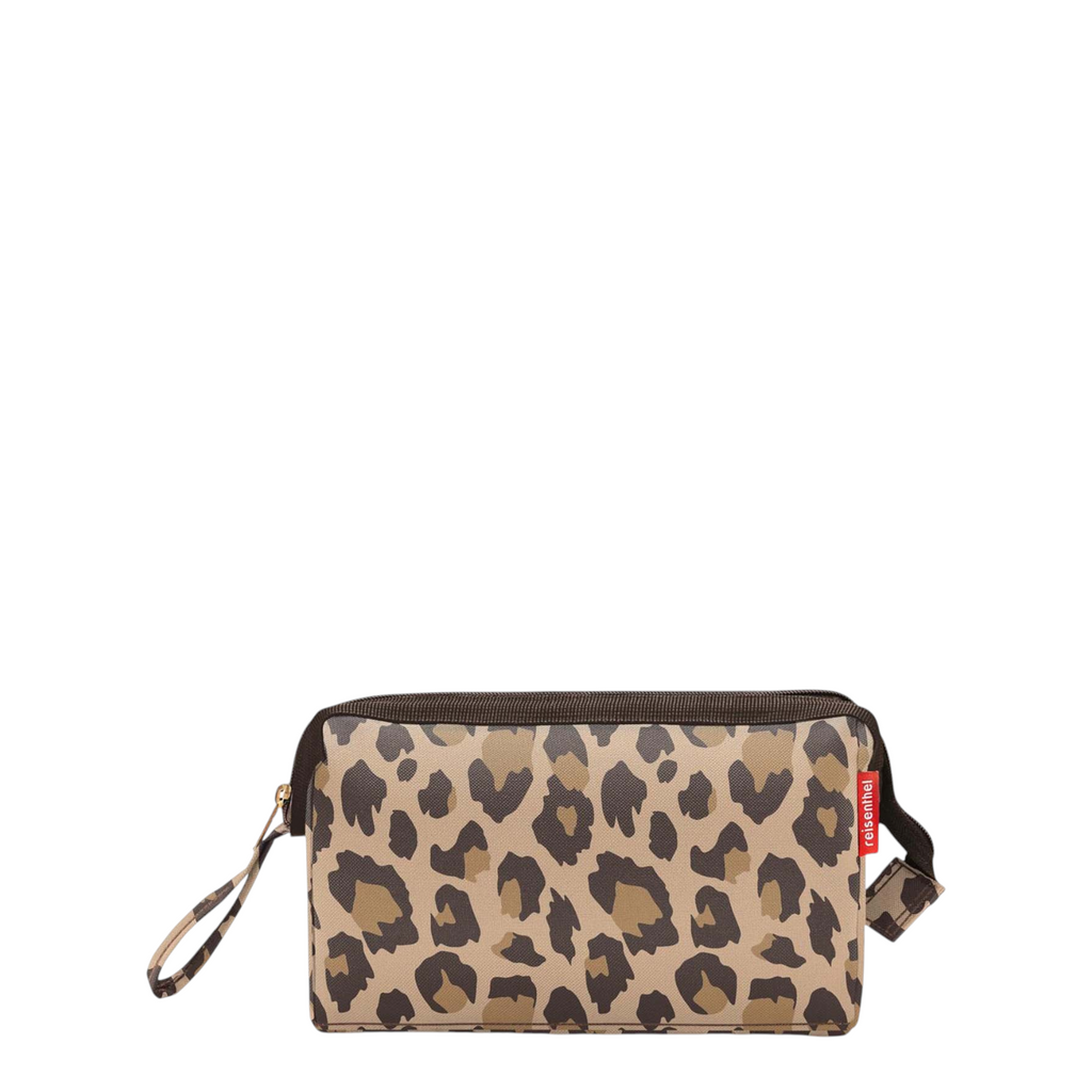 Lieblingstasche reisenthel Travelcosmetic toiletry bag in a brown leopard print pattern with a zip closure.