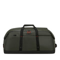 Lieblingstasche Ecodiver L duffle bag in dark green with black straps and red zipper pulls.