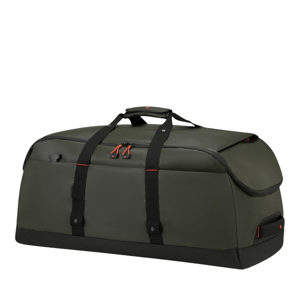 Lieblingstasche Ecodiver L dark green duffle bag with black accents and red zipper pulls