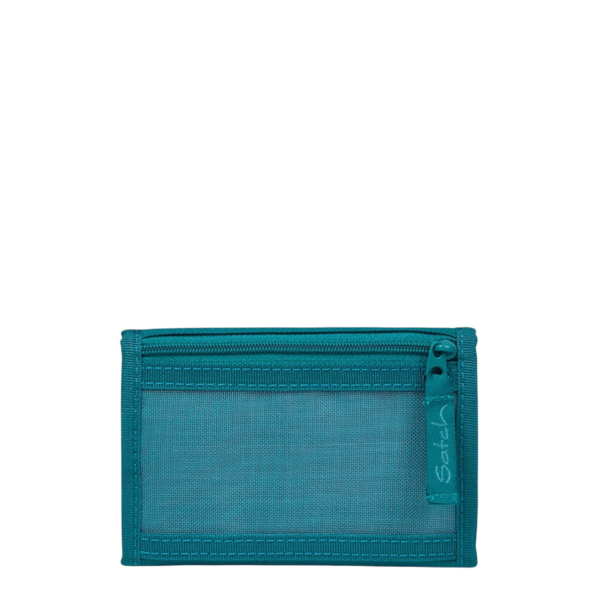 Lieblingstasche teal wallet with a transparent mesh window, zipper closure, and practical interior compartments.
