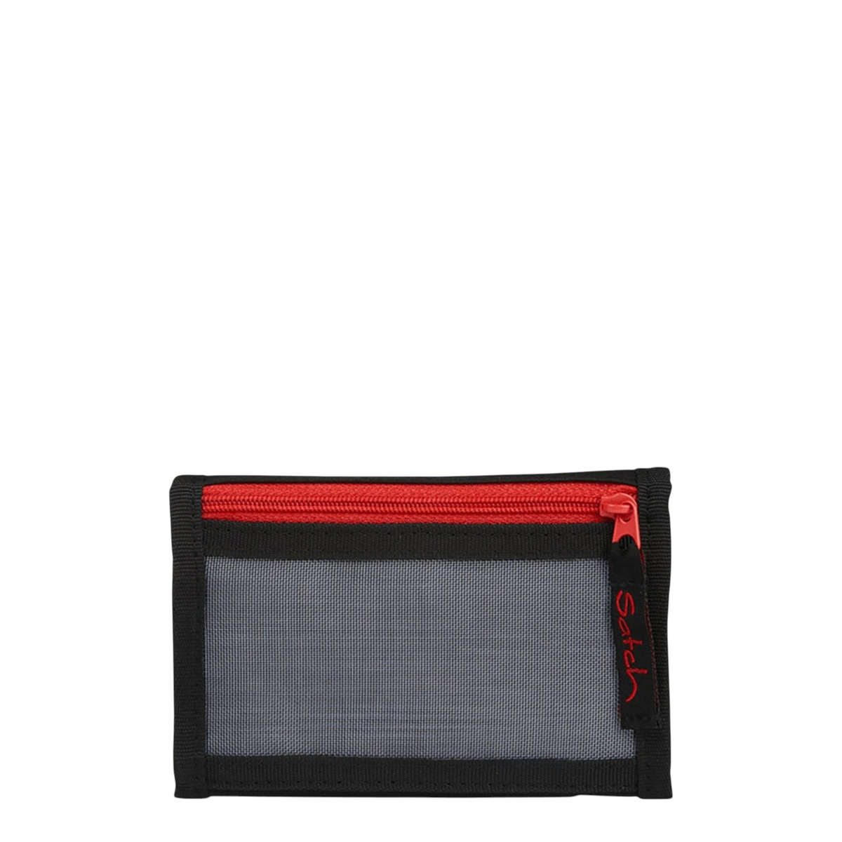 Lieblingstasche wallet in black and grey with a red zipper and transparent mesh window for easy organization.