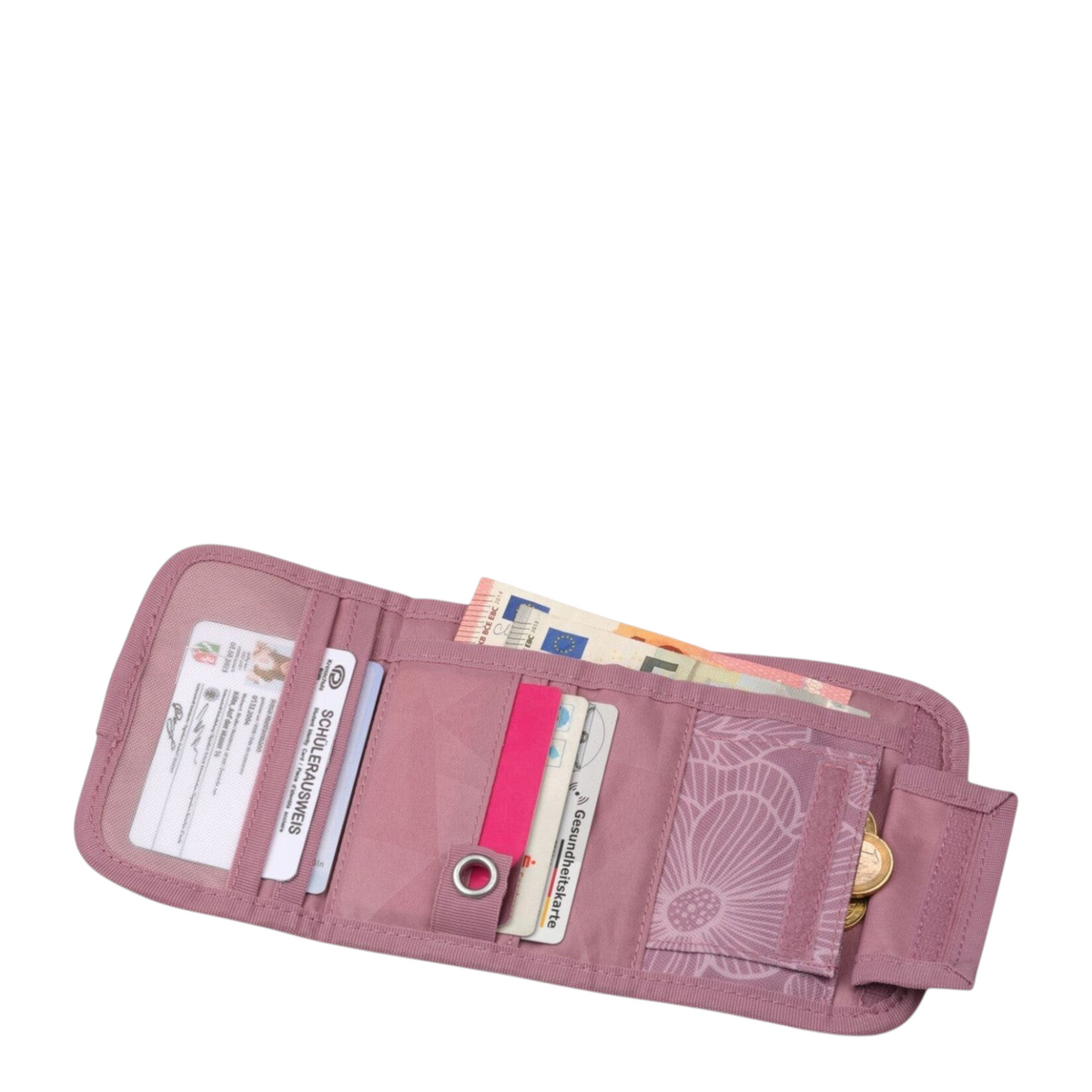 Lieblingstasche dusty pink wallet with card slots, transparent ID window, and a coin compartment with floral lining.