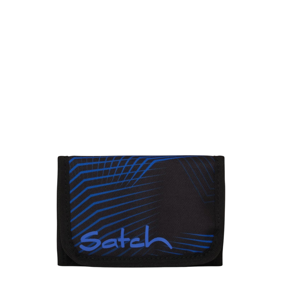 Lieblingstasche Satch wallet in black with blue geometric lines and logo print, featuring multiple storage slots.