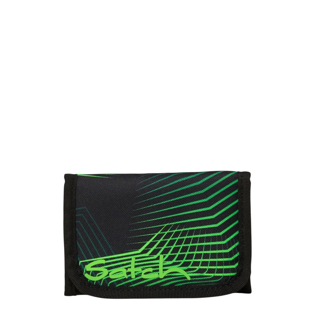 Lieblingstasche black and neon green wallet with geometric grid pattern and Satch logo