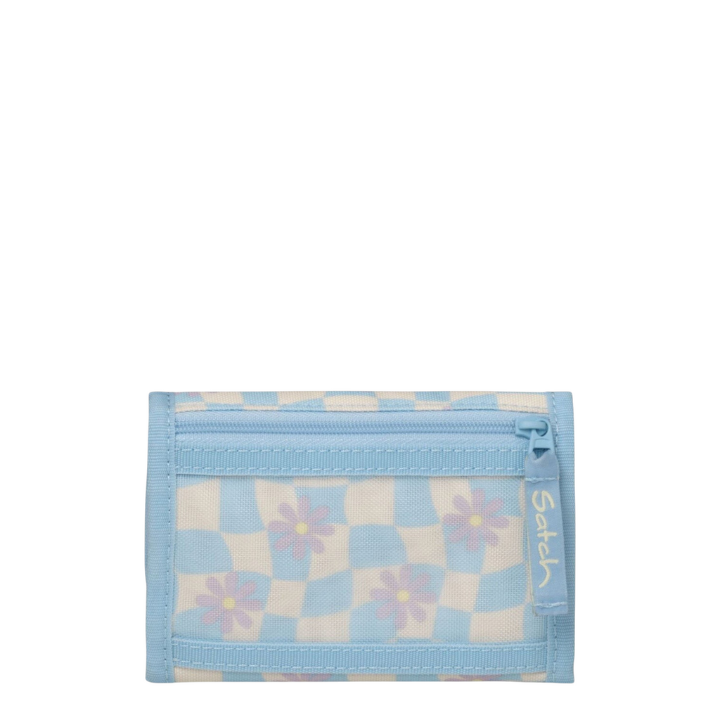 Lieblingstasche wallet in light blue and white checkered pattern with purple flower print and zippered coin pocket