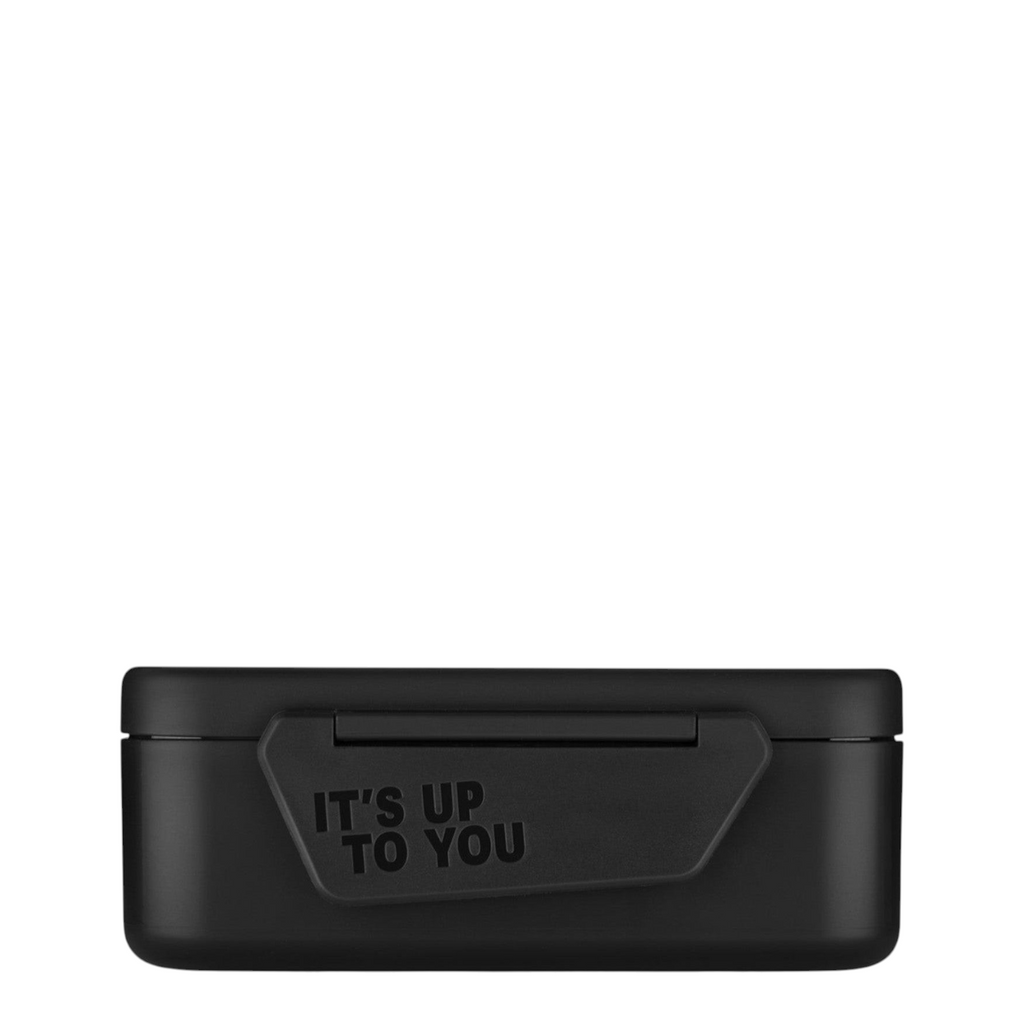 Lieblingstasche Satch black plastic lunch box with It's Up To You embossed text and secure locking lid