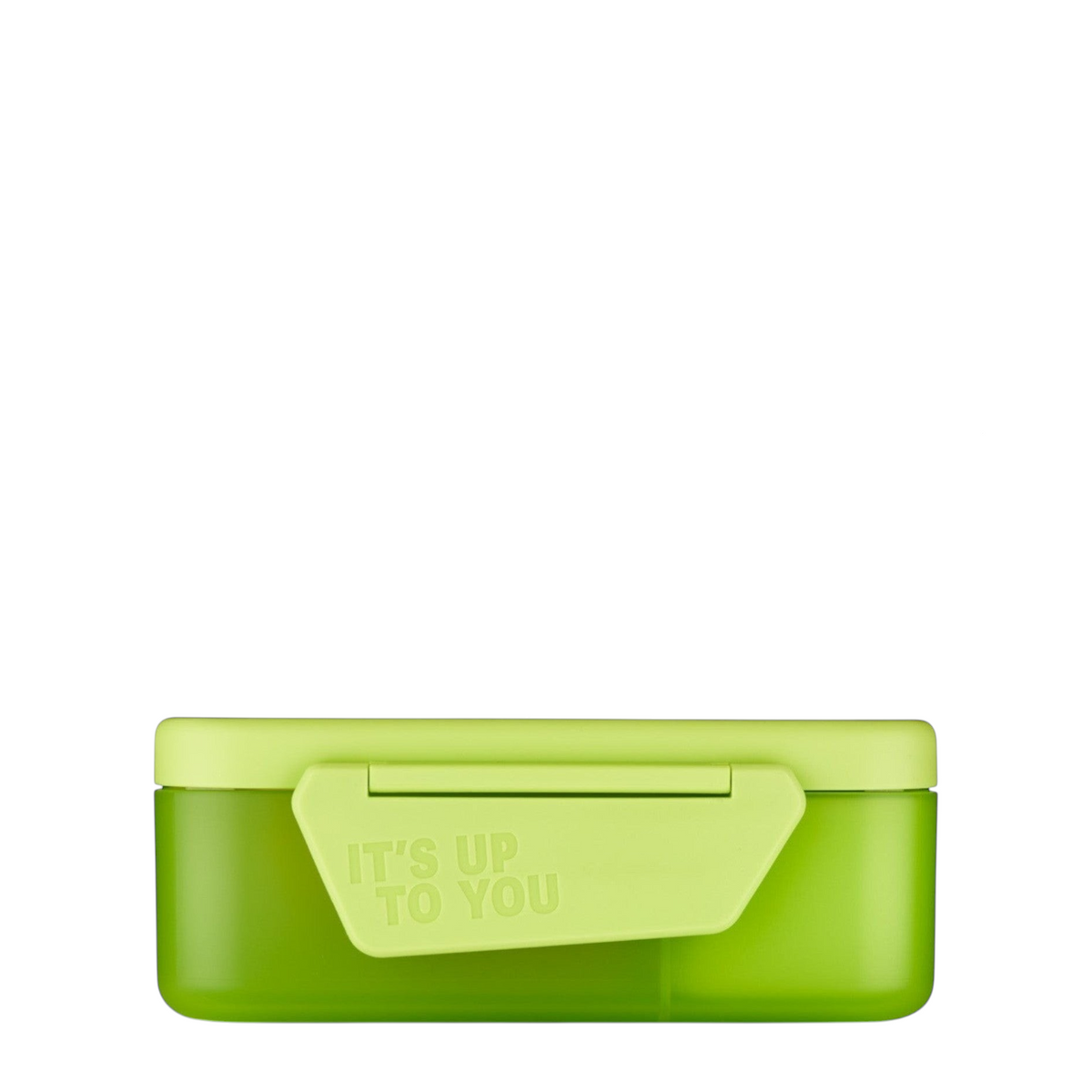 Lieblingstasche Satch lime green plastic lunch box with It's Up To You embossed on the lid latch