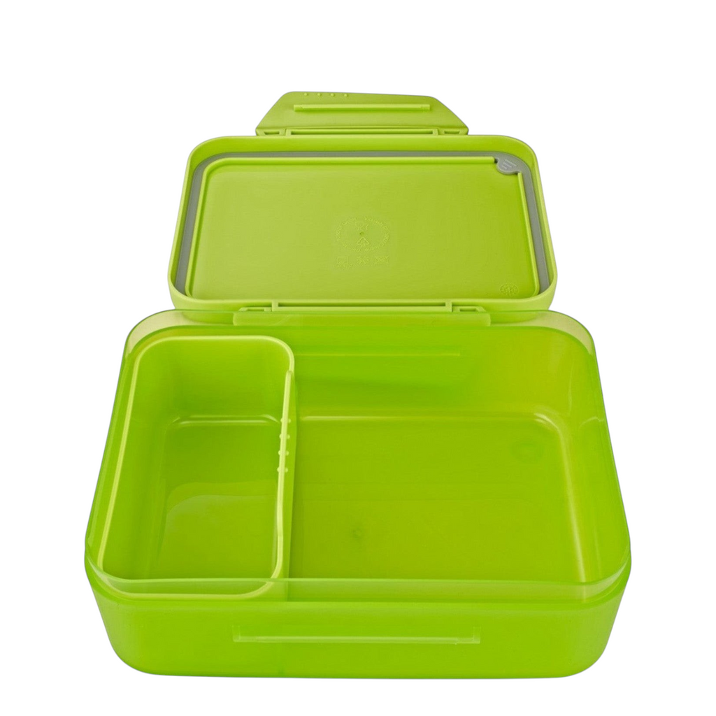 Lieblingstasche Satch plastic lunch box in bright green with a removable divider for organized snack storage.