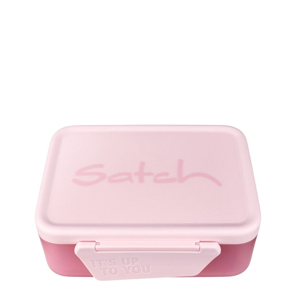 Lieblingstasche Satch plastic lunch box in light pink with a secure locking lid and embossed branding