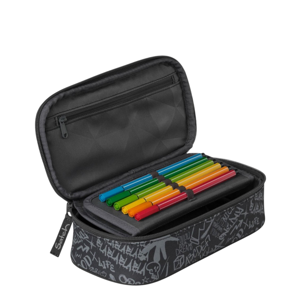 Lieblingstasche Satch pencil case in black with white graffiti print, featuring internal pen loops and divider.