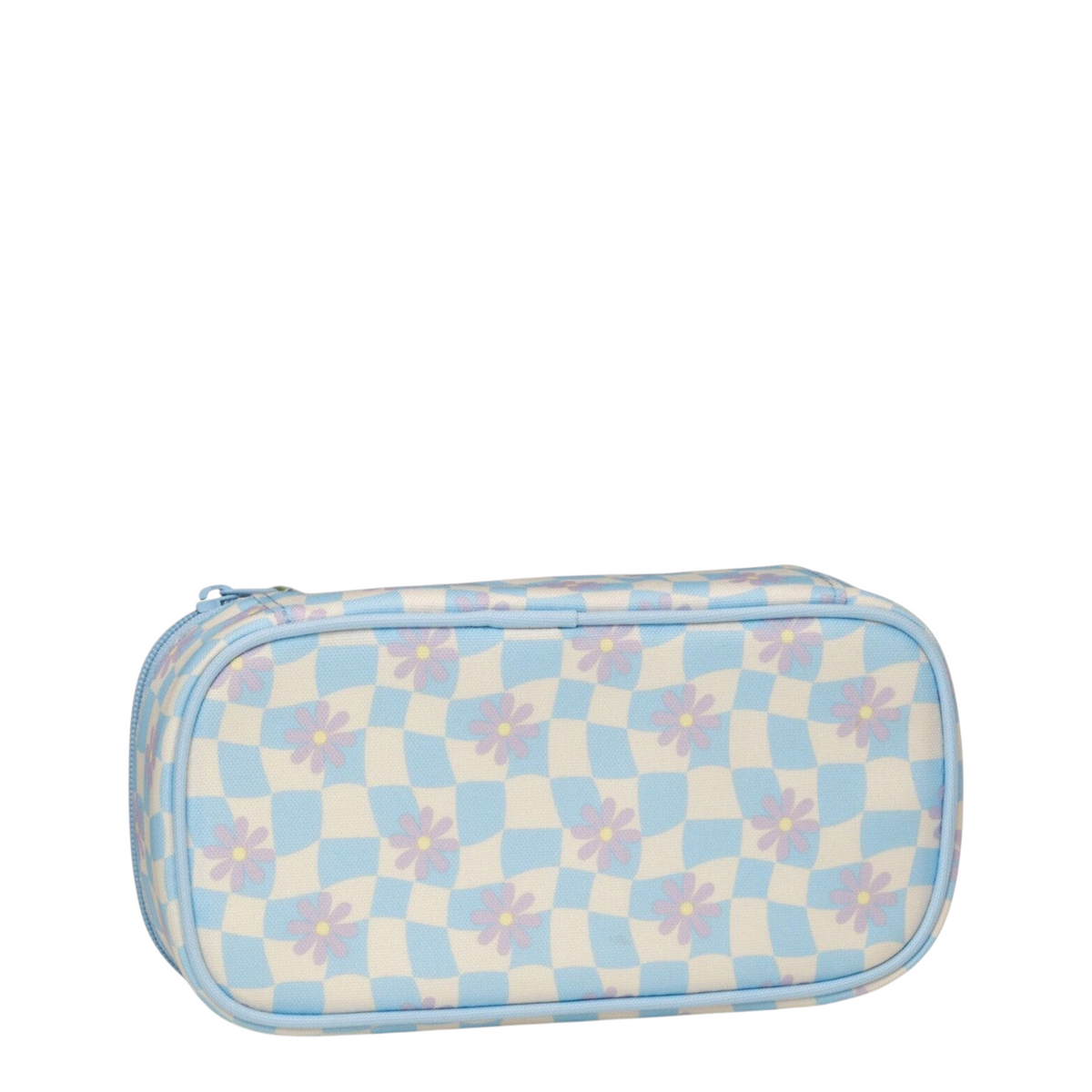 Lieblingstasche Satch pencil case in blue and white checkered pattern with purple flower print made from recycled PET