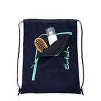 Lieblingstasche Satch navy blue drawstring sports bag with front zipper pocket, hairbrush, and bottle inside.