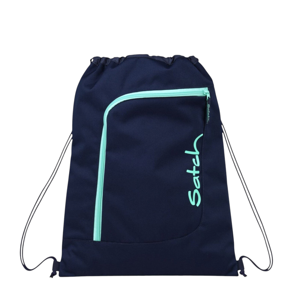 Lieblingstasche Satch navy blue drawstring sports bag with mint green zipper and logo for school and gym