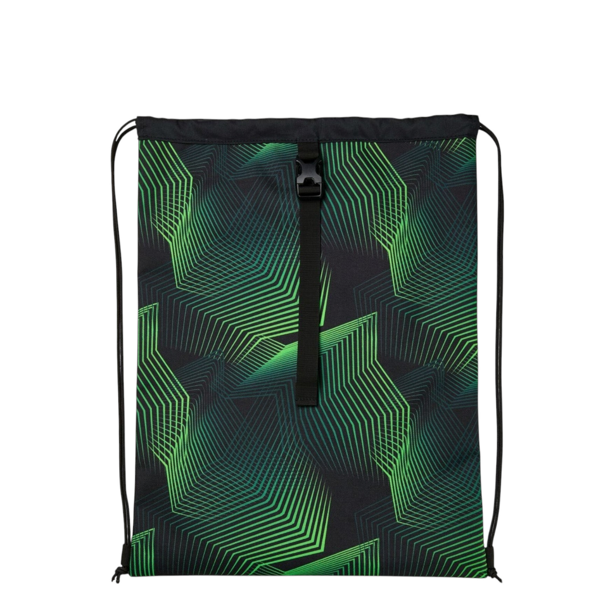 Lieblingstasche Satch drawstring sports bag in black with a geometric green line pattern and front buckle strap.