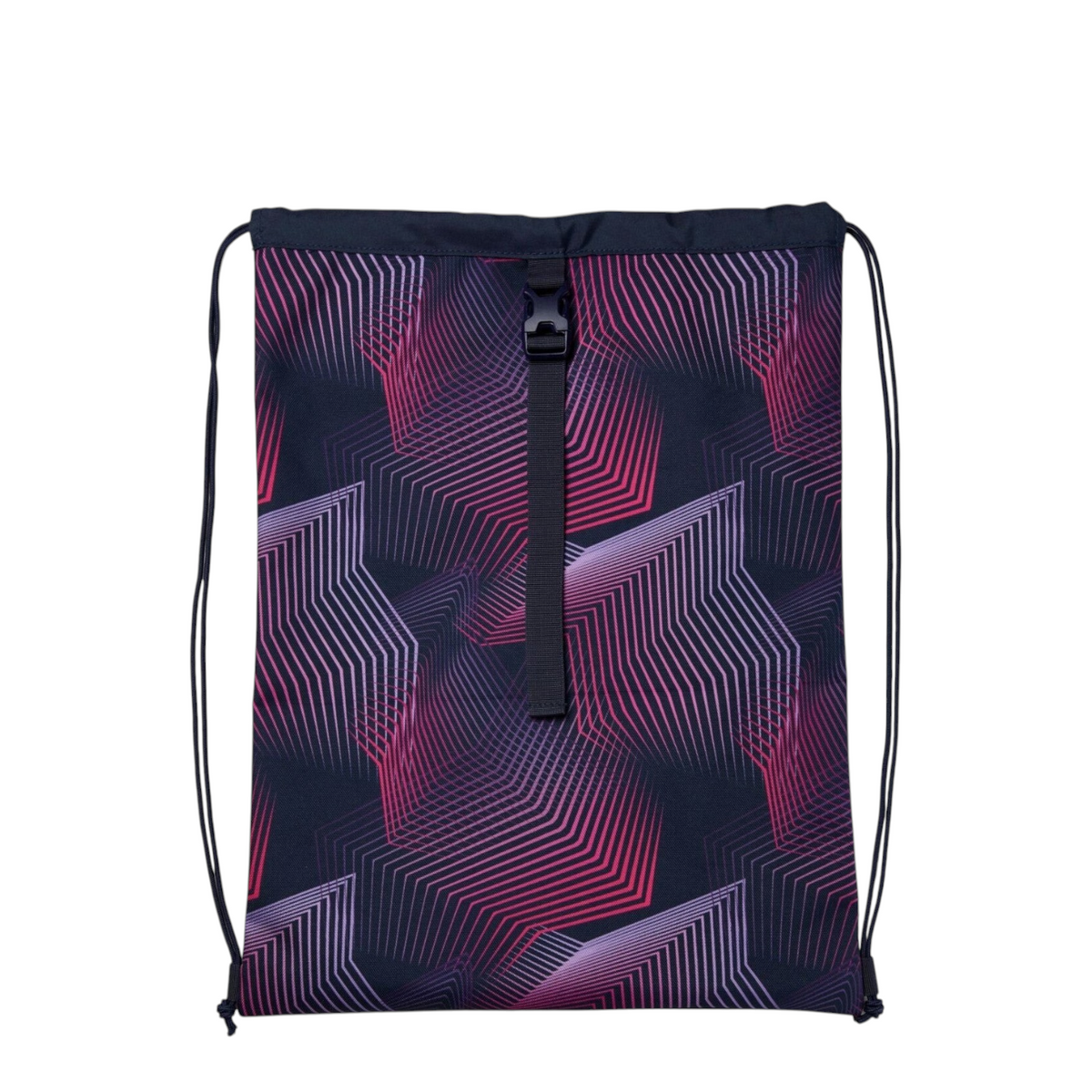 Lieblingstasche Satch drawstring sports bag in black with a geometric pink and purple line pattern