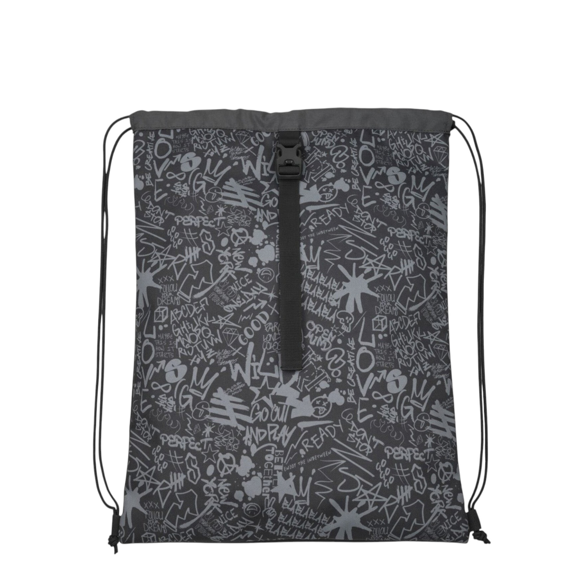 Lieblingstasche Satch drawstring sports bag in grey with black graffiti print and adjustable buckle strap