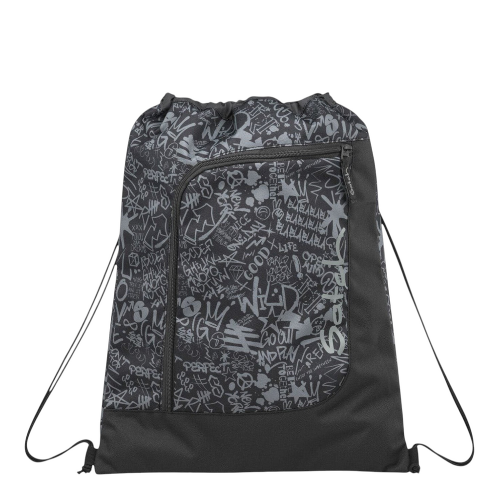 Lieblingstasche Satch drawstring sports bag in black with grey graffiti print and front zip pocket