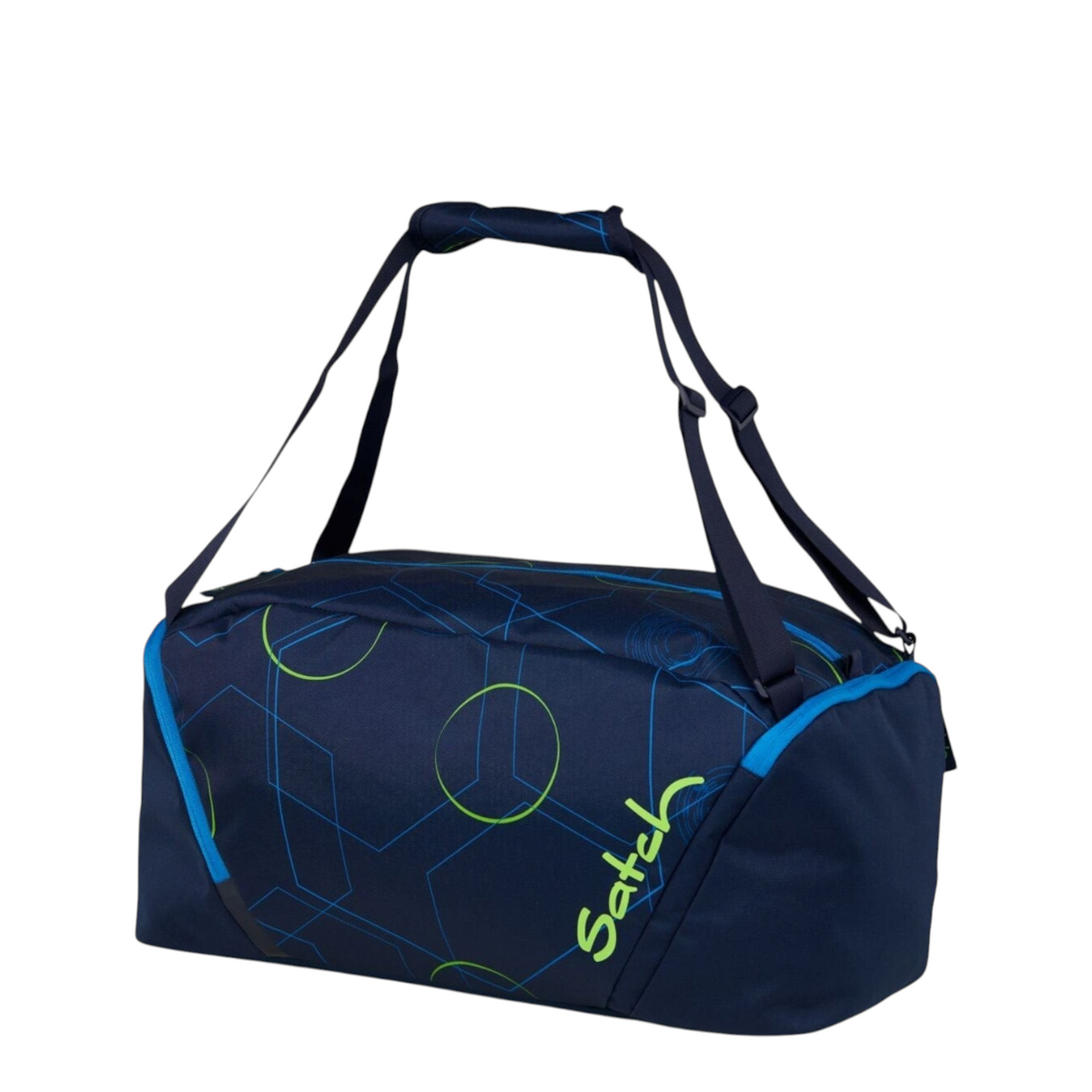 Lieblingstasche satch sports bag in navy blue with geometric green lines and adjustable shoulder straps