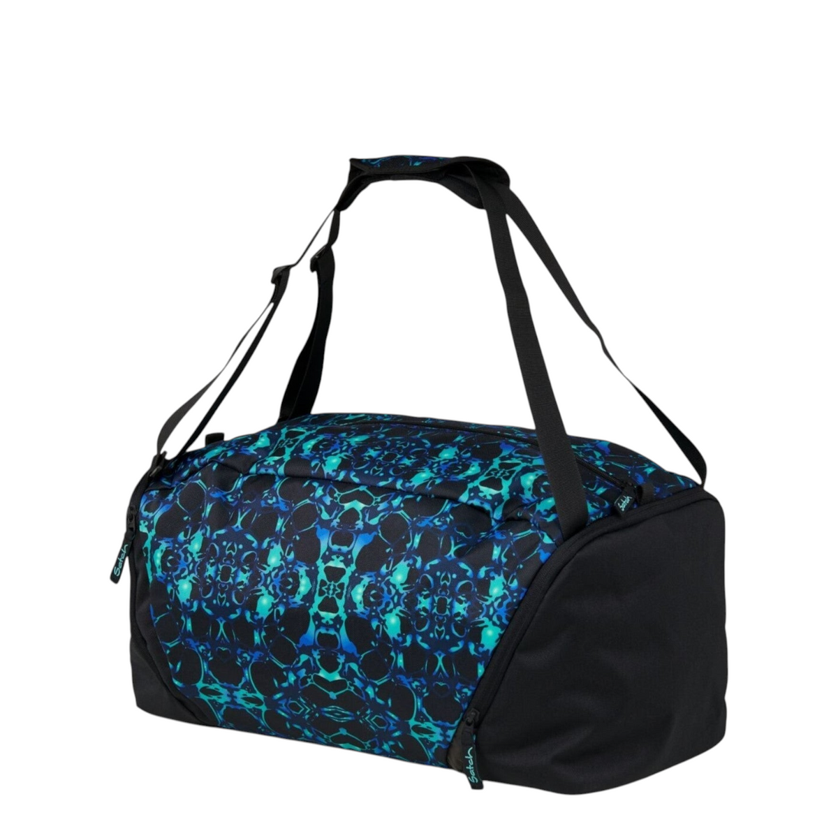 Lieblingstasche satch sports bag in black and blue abstract pattern with multiple carrying straps and shoe compartment