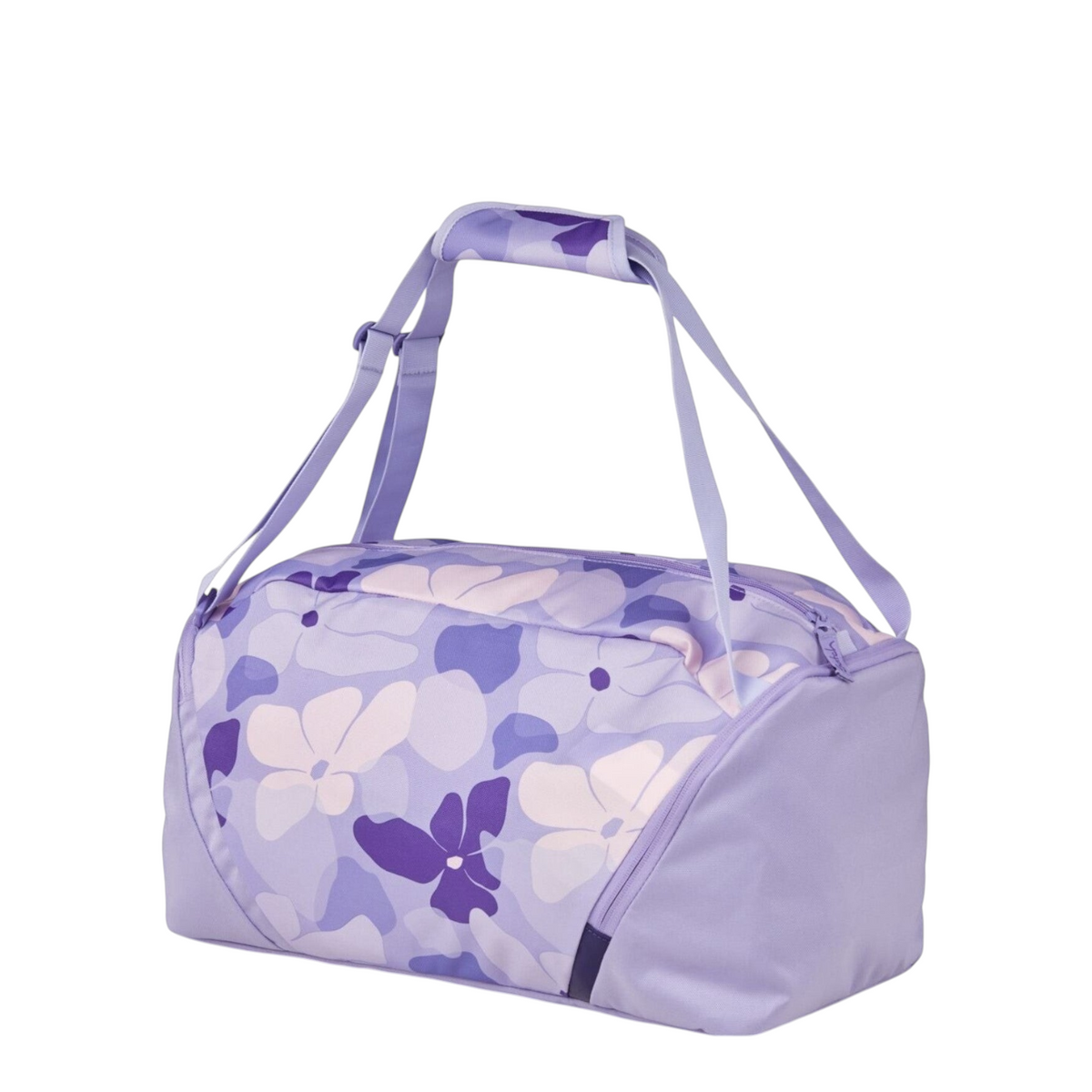 Lieblingstasche satch sports bag in purple with a floral pattern, featuring adjustable straps and a side shoe compartment.
