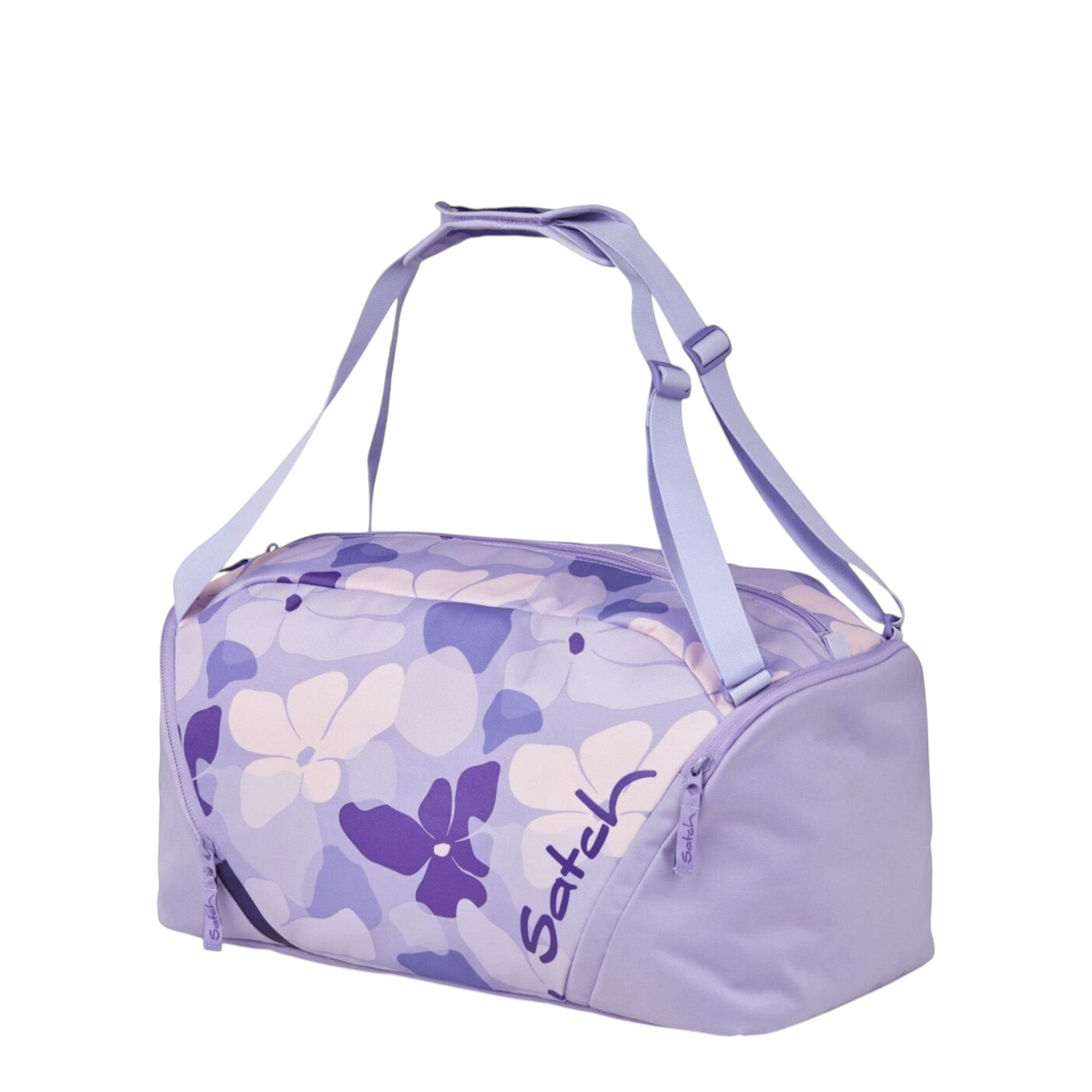 Lieblingstasche satch sports bag in purple with floral camo print, featuring adjustable straps and shoe compartment.