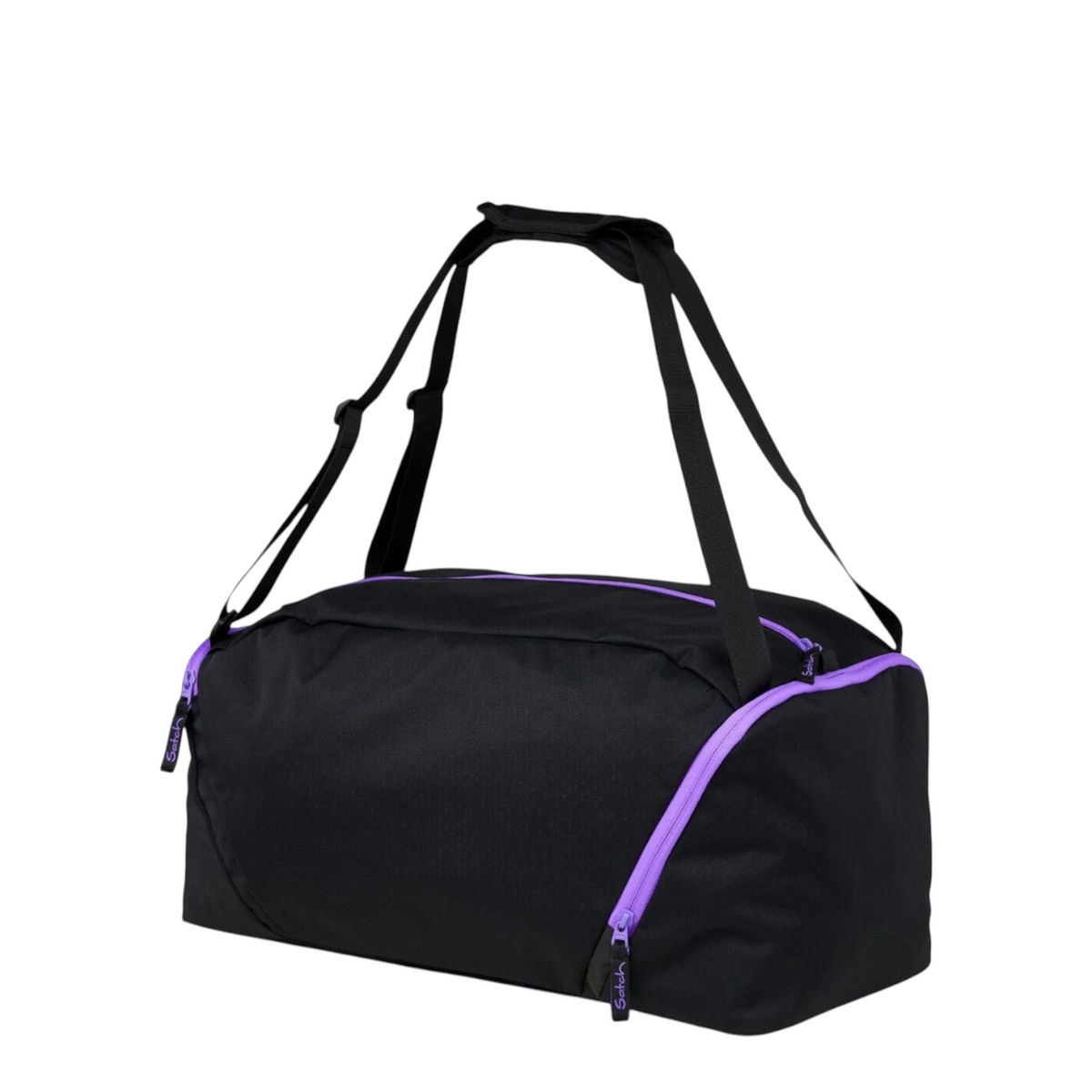 Lieblingstasche satch black sports bag with purple zipper details, featuring adjustable straps and a shoe compartment.