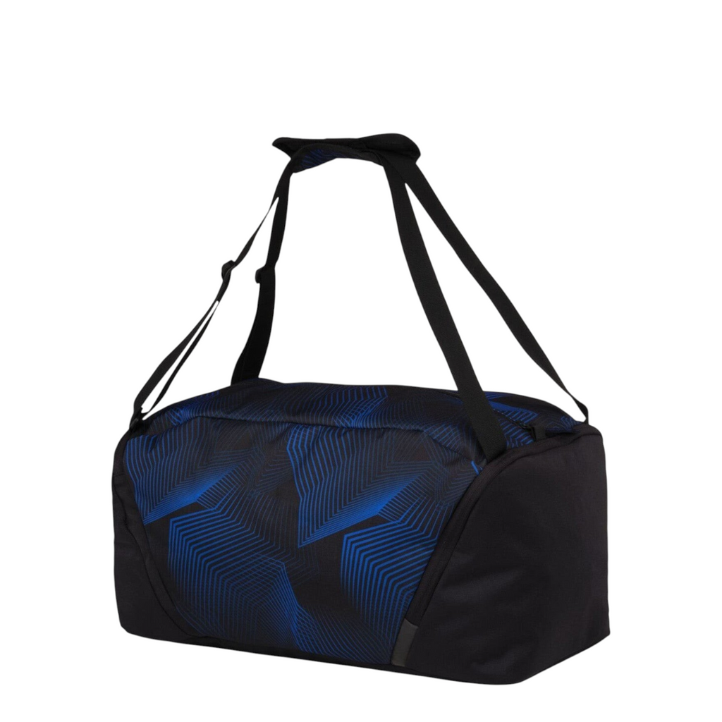 Lieblingstasche satch sports bag in black and blue with geometric pattern, featuring multiple carry options.