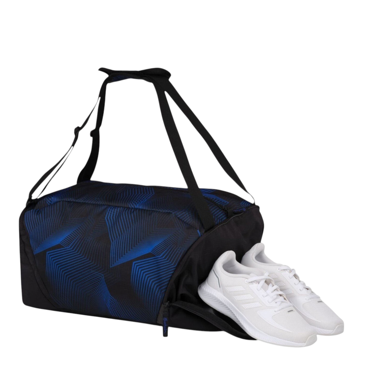 Lieblingstasche satch sports bag in black and blue with geometric pattern and a separate side shoe compartment