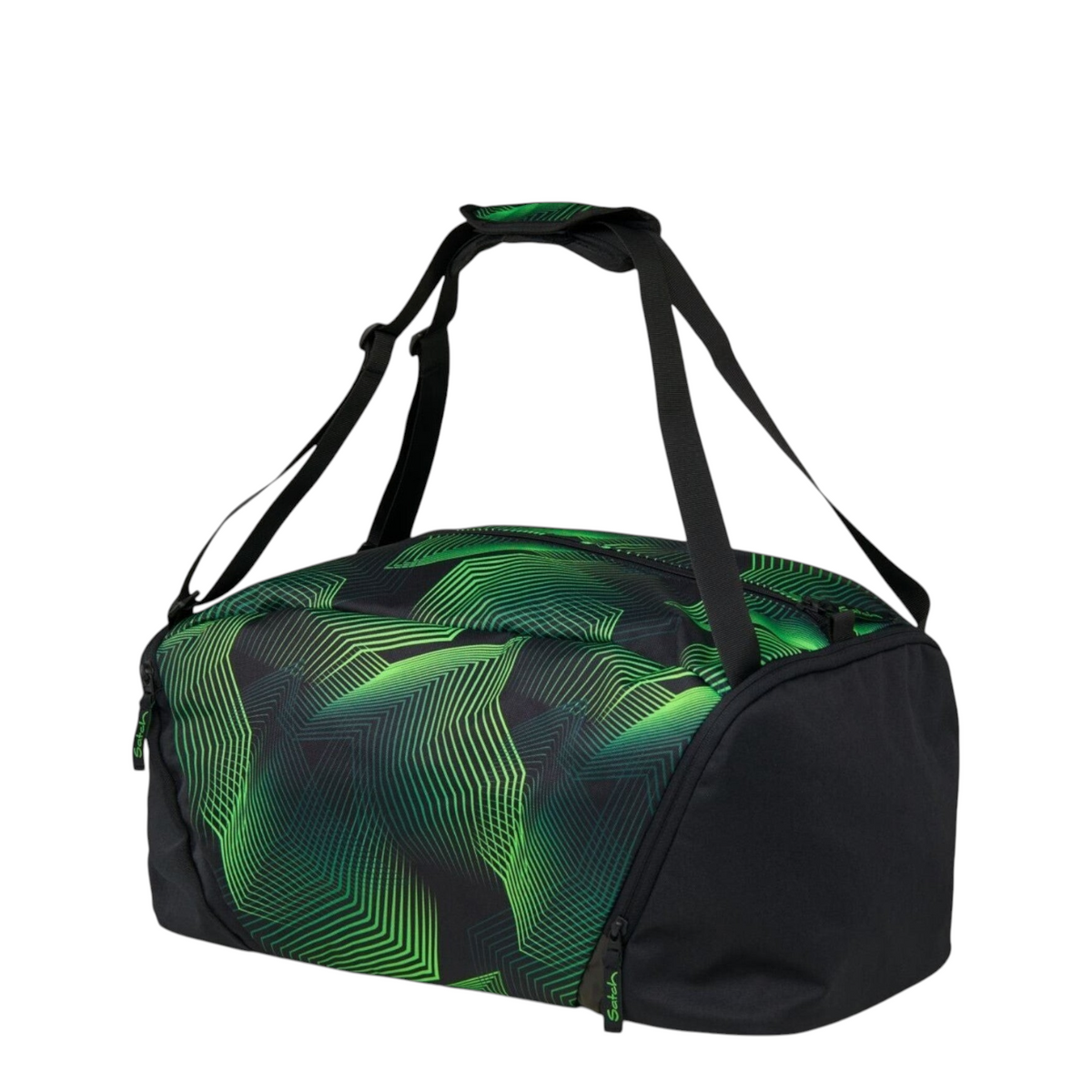 Lieblingstasche satch sports bag in black with a green geometric line pattern, featuring a separate shoe compartment.