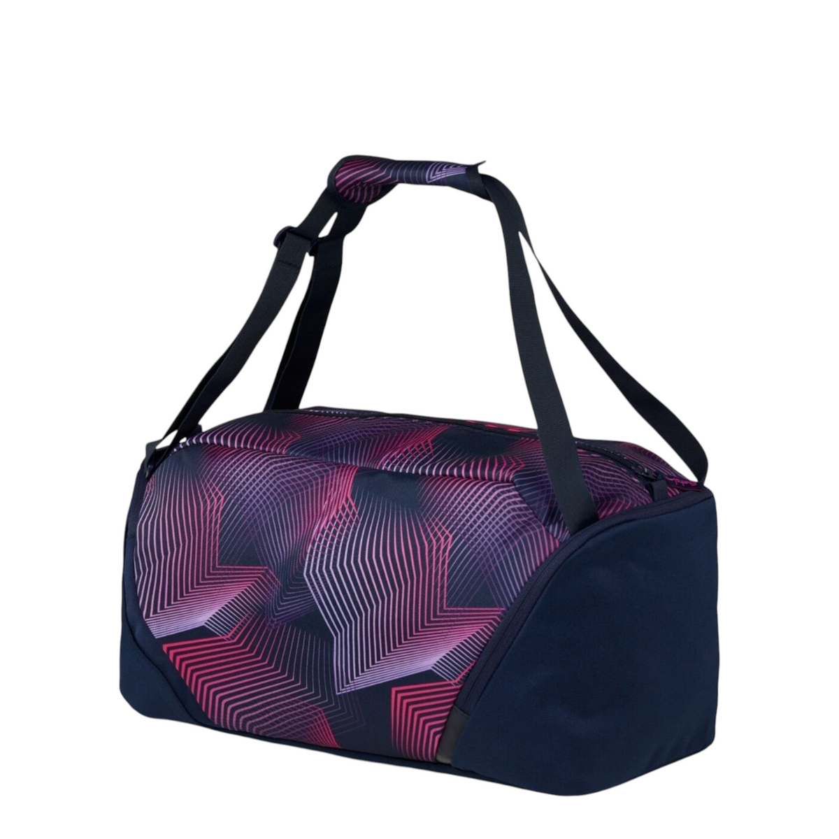 Lieblingstasche satch sports bag in dark blue with pink geometric pattern, featuring adjustable shoulder straps.