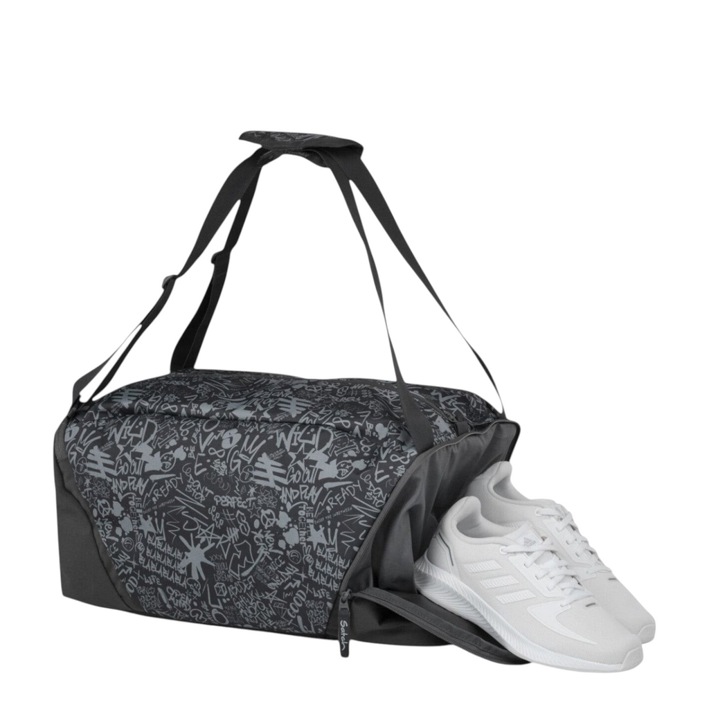 Lieblingstasche satch sports bag in black with grey graffiti print, featuring a separate shoe compartment with sneakers