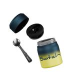 Lieblingstasche Satch insulated food container in blue and yellow with a matching foldable spork and lid.