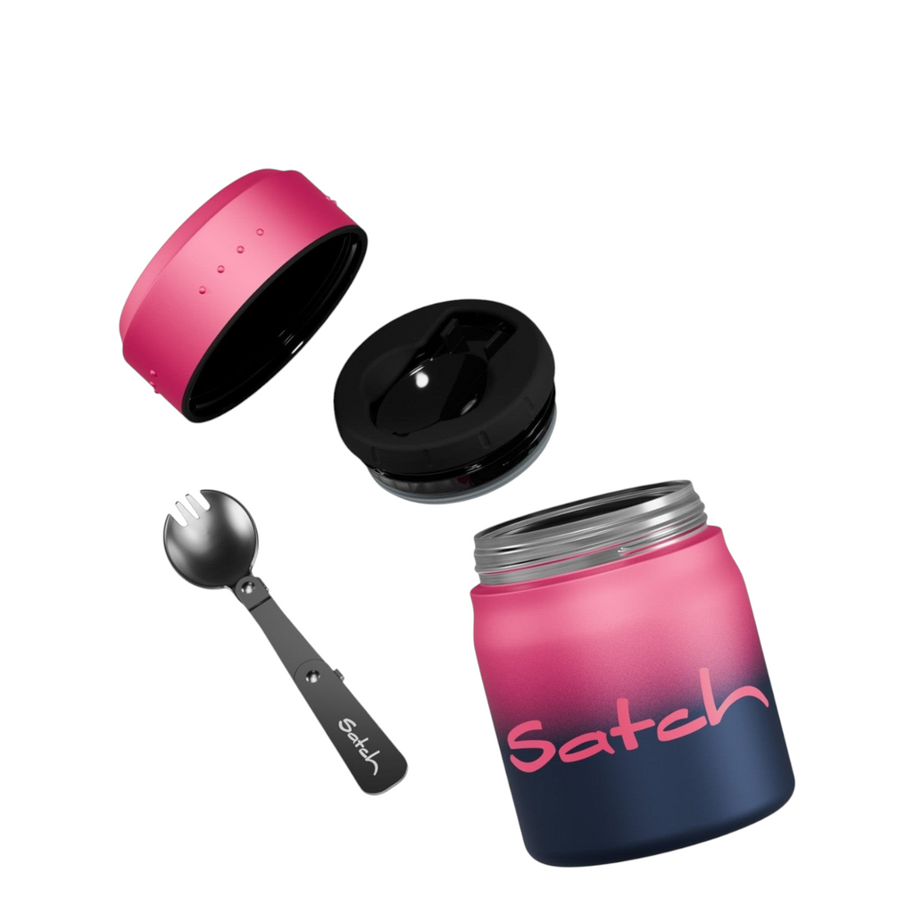 Lieblingstasche Satch insulated food container in pink and dark blue gradient with a folding spork and lid.