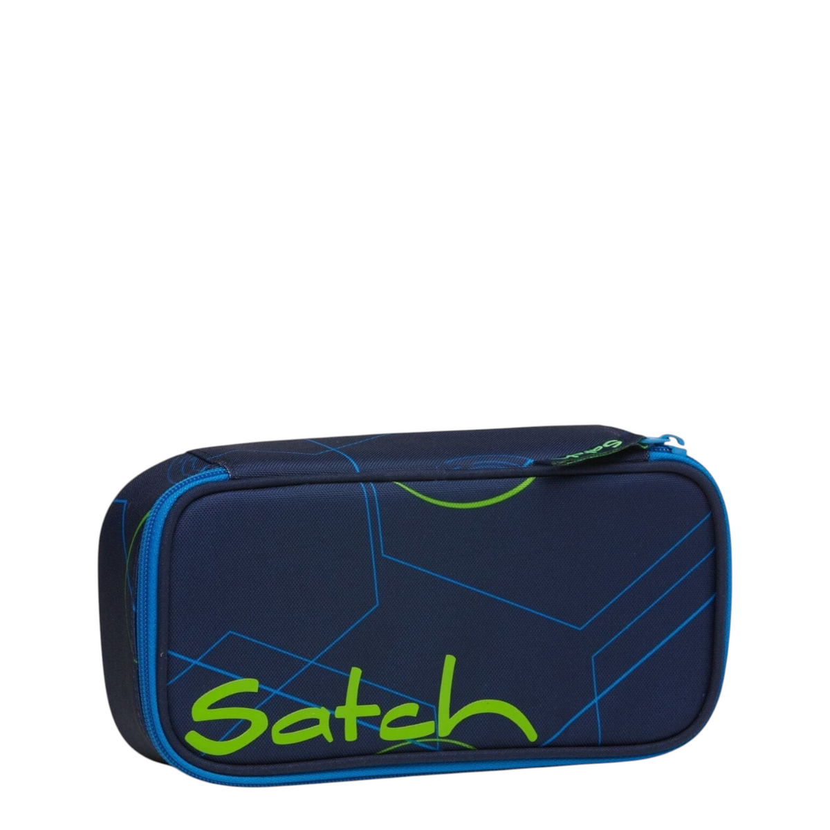 Lieblingstasche Satch pencil case in navy blue with green geometric pattern and logo, made from recycled PET bottles.